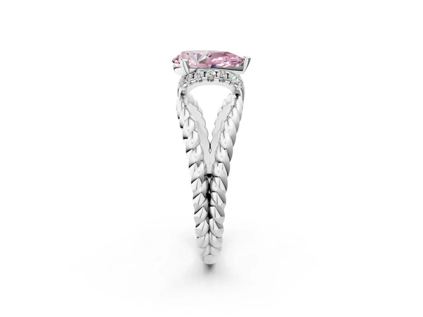 White gold Fancy Pink Pear  Halo Twisted Band Four-Prong Ring