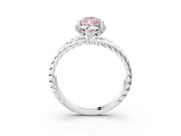 White gold Fancy Pink Pear  Halo Twisted Band Four-Prong Ring