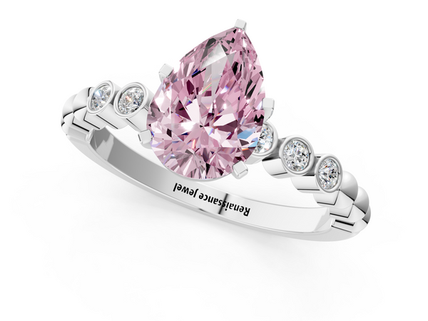 White gold Fancy Pink Pear  Solitaire Bezel Accent Diamond Engagement Ring with Beaded Band and Four-Prong Setting