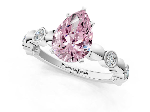 Platinum Fancy Pink Pear  Solitaire Bezel-Set Diamond Ring with Beaded Band and Four-Prong Setting