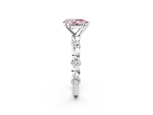 Platinum Fancy Pink Pear  Solitaire Bezel-Set Diamond Ring with Beaded Band and Four-Prong Setting