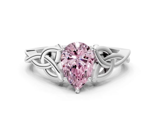 Platinum Fancy Pink Pear Cut Diamond Solitaire Engagement Ring with Celtic Knot Band and Four-Prong Setting