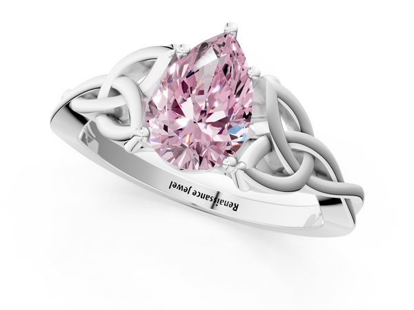Platinum Fancy Pink Pear Cut Diamond Solitaire Engagement Ring with Celtic Knot Band and Four-Prong Setting