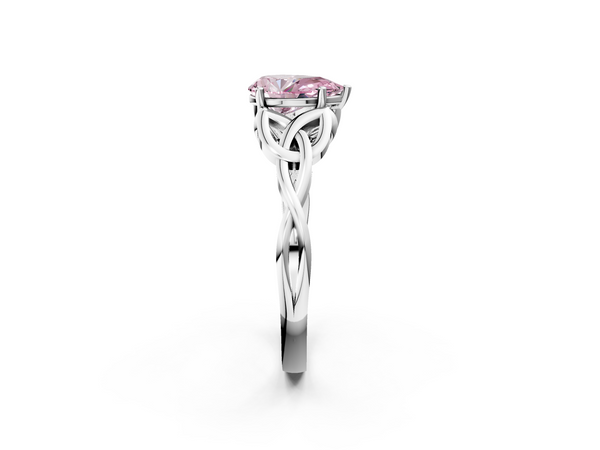 Platinum Fancy Pink Pear Cut Diamond Solitaire Engagement Ring with Celtic Knot Band and Four-Prong Setting