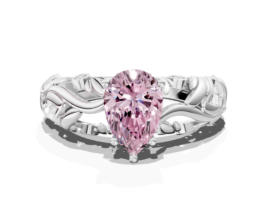 White gold Fancy Pink Pear  Solitaire Diamond Leaf Vine Band with Prong Setting_59