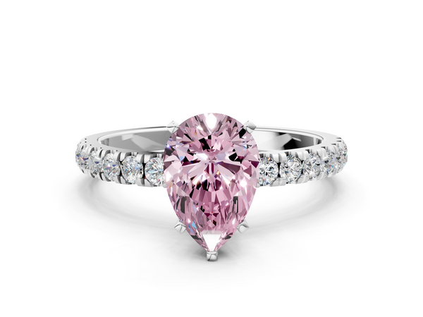 White gold Fancy Pink Pear Cut Diamond Solitaire Ring with Pavé Accents and Four-Prong Setting