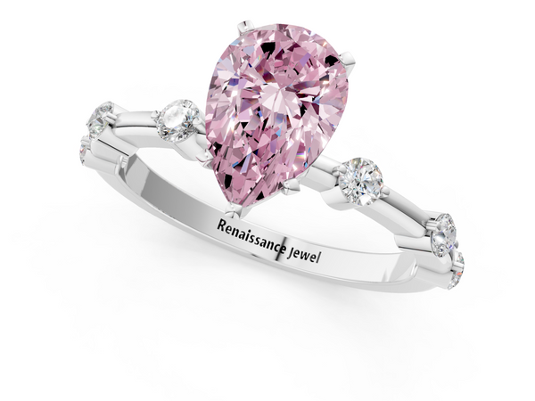 Platinum Fancy Pink Pear  Solitaire Diamond Ring with Bezel Set Side Stones and Prong Setting