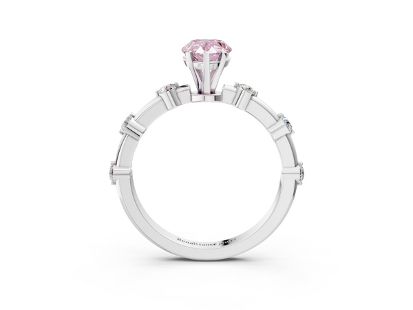 Platinum Fancy Pink Pear  Solitaire Diamond Ring with Bezel Set Side Stones and Prong Setting