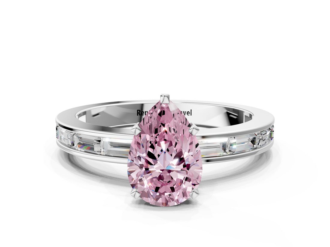 White gold Fancy Pink Pear  Solitaire Diamond Ring with Channel-Set Baguette Band and Four-Prong Setting_114