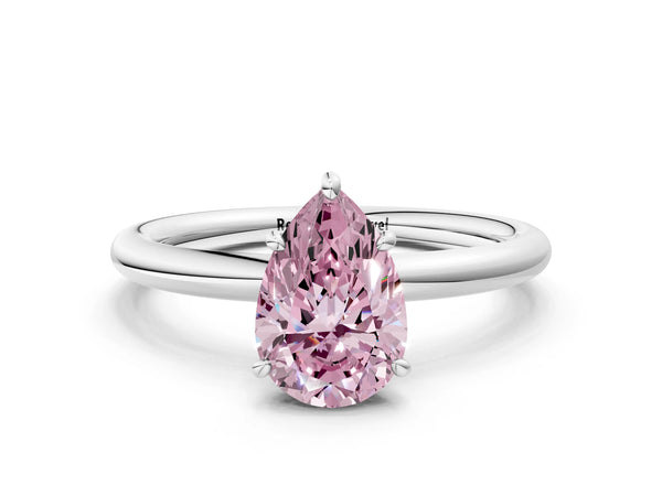 White gold Fancy Pink Pear  Solitaire Diamond Ring with Four-Prong Setting on a Plain Band