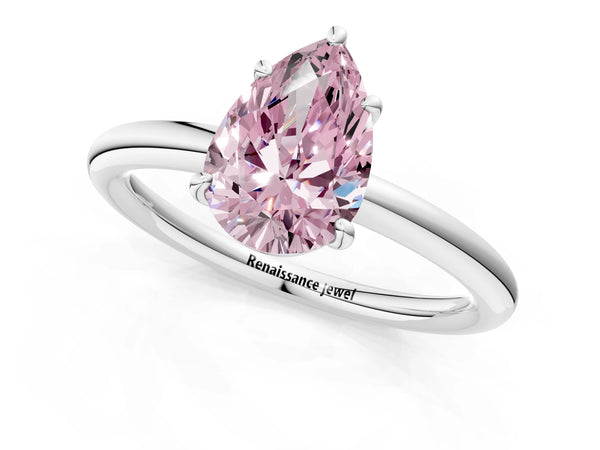 White gold Fancy Pink Pear  Solitaire Diamond Ring with Four-Prong Setting on a Plain Band
