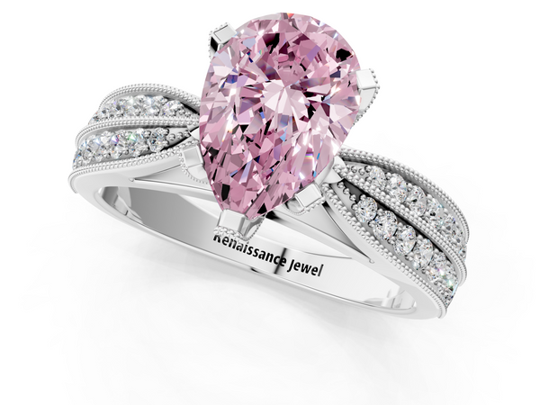 White gold Fancy Pink Pear  Solitaire Diamond Ring with Milgrain Pavé Band and Four-Prong Setting