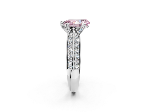 White gold Fancy Pink Pear  Solitaire Diamond Ring with Milgrain Pavé Band and Four-Prong Setting