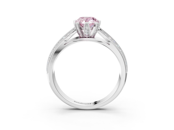 White gold Fancy Pink Pear  Solitaire Diamond Ring with Milgrain Pavé Band and Four-Prong Setting