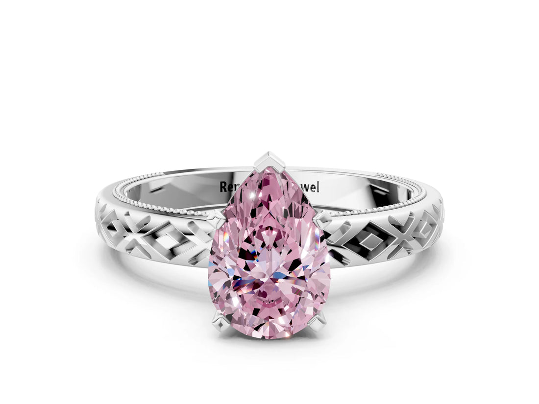 White gold Fancy Pink Pear  Solitaire Diamond Ring with Milgrain and Black Enamel X Pattern Band_155