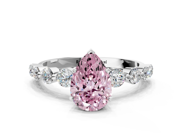 White gold Fancy Pink Pear Cut Solitaire Diamond Ring with Pave Band and Four-Prong Setting