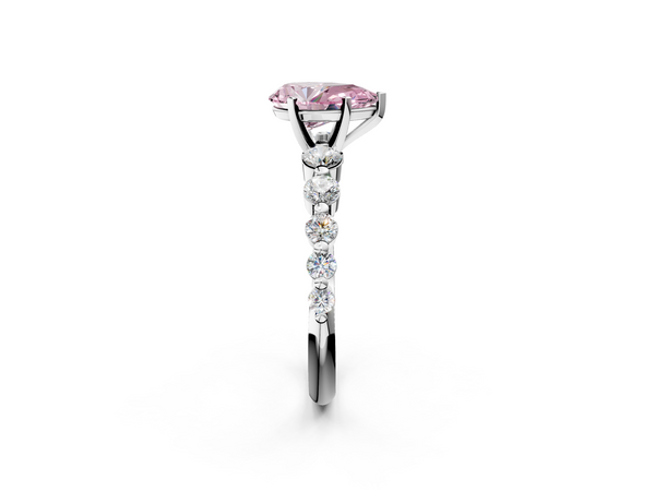White gold Fancy Pink Pear Cut Solitaire Diamond Ring with Pave Band and Four-Prong Setting