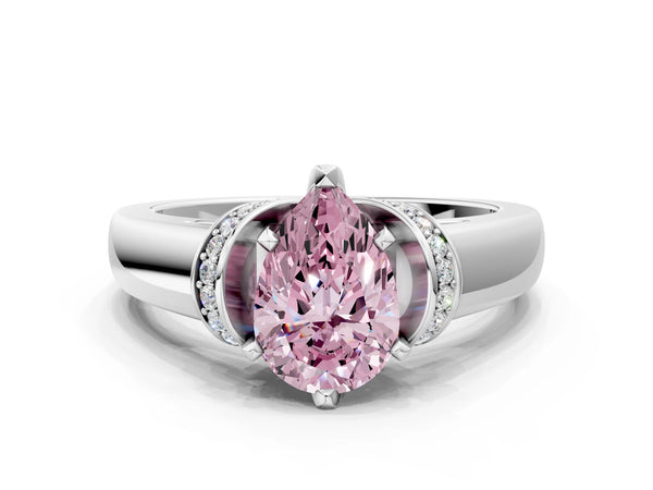 Platinum Fancy Pink Pear  Solitaire Diamond Ring with Pave Band and Six-Prong Setting