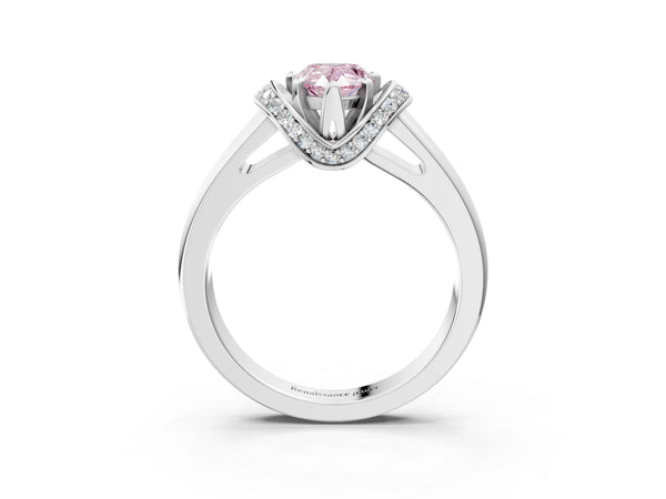 Platinum Fancy Pink Pear  Solitaire Diamond Ring with Pave Band and Six-Prong Setting