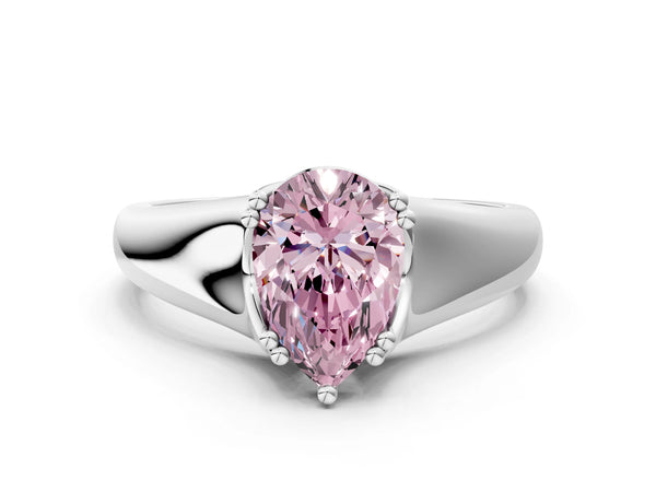 Platinum Fancy Pink Pear Cut Diamond Solitaire Ring with Wide Band and Prong Setting