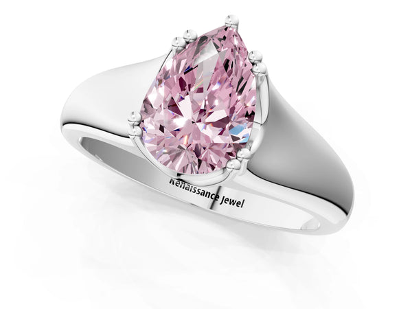 Platinum Fancy Pink Pear Cut Diamond Solitaire Ring with Wide Band and Prong Setting