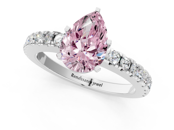 White gold Fancy Pink Pear  Solitaire Diamond with Pavé Band and Four-Prong Setting