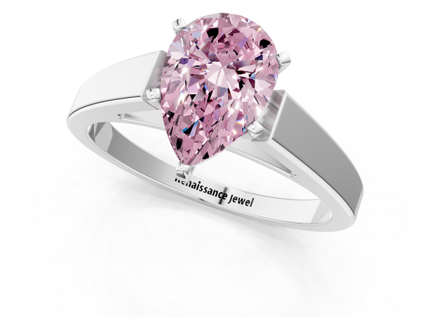 White gold Fancy Pink Pear  Solitaire Engagement Ring with Four-Prong Setting and Tapered Band