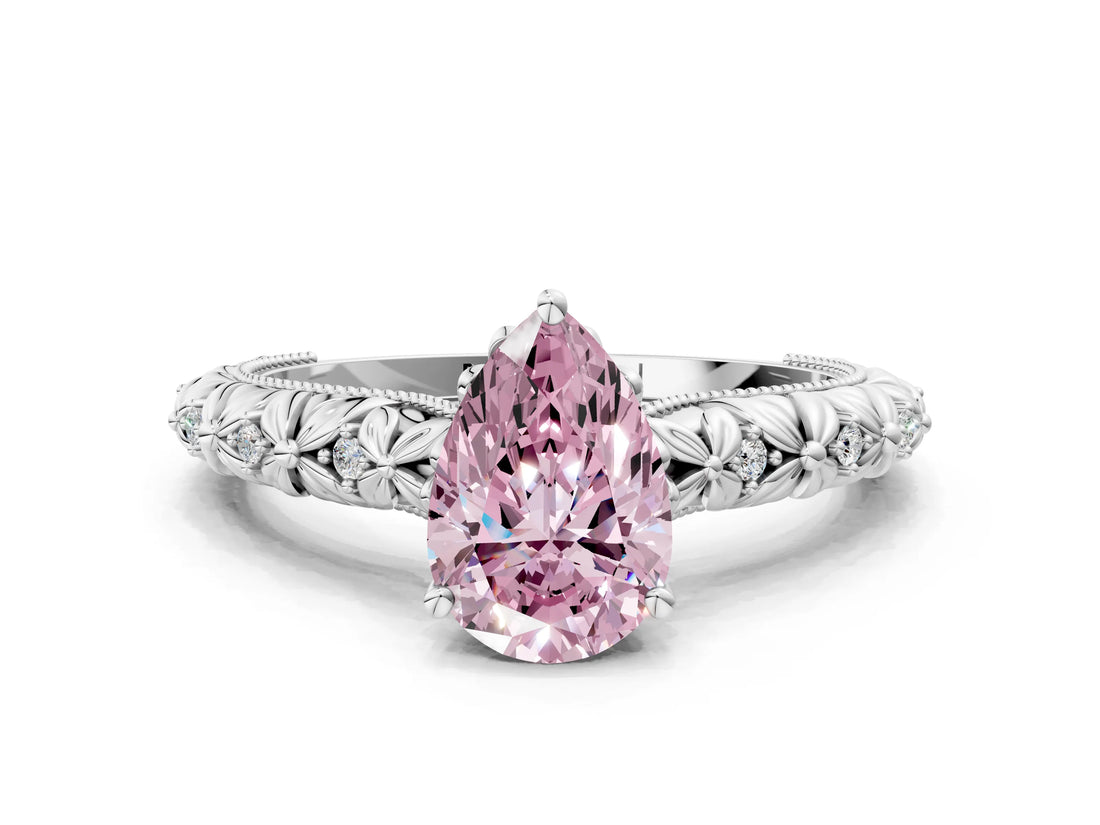 White gold Fancy Pink Pear  Solitaire Floral Milgrain Engagement Ring_53