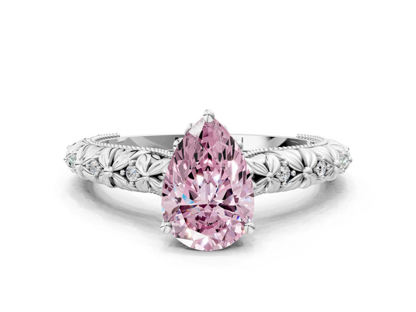 Platinum Fancy Pink Pear  Solitaire Floral Milgrain Engagement Ring