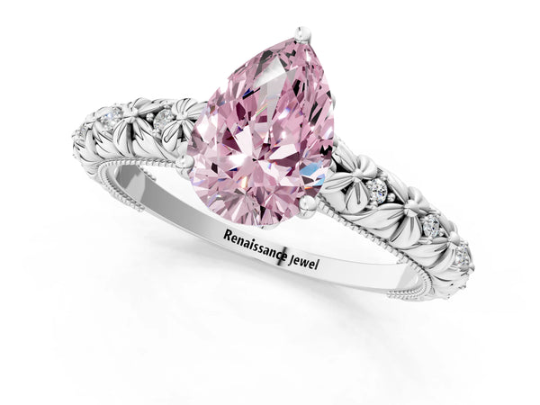Platinum Fancy Pink Pear  Solitaire Floral Milgrain Engagement Ring