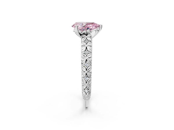 Platinum Fancy Pink Pear  Solitaire Floral Milgrain Engagement Ring