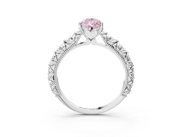 Platinum Fancy Pink Pear  Solitaire Floral Milgrain Engagement Ring