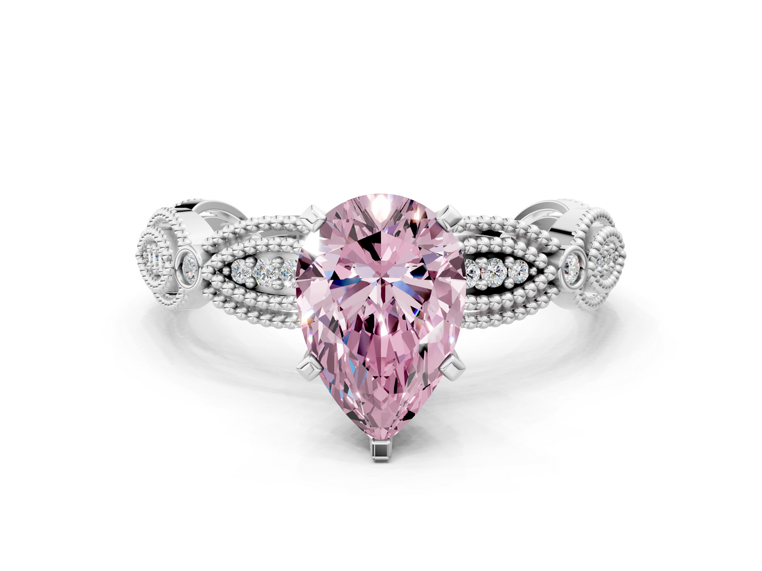 White gold Fancy Pink Pear  Solitaire Milgrain Diamond Engagement Ring with Bezel and Marquise Band_139
