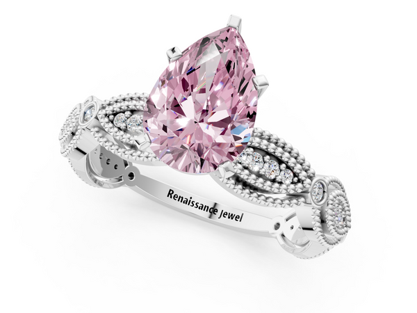 Platinum Fancy Pink Pear  Solitaire Milgrain Diamond Engagement Ring with Bezel and Marquise Band