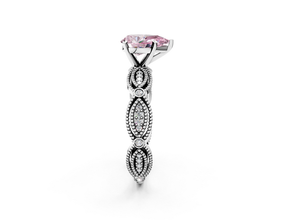 Platinum Fancy Pink Pear  Solitaire Milgrain Diamond Engagement Ring with Bezel and Marquise Band