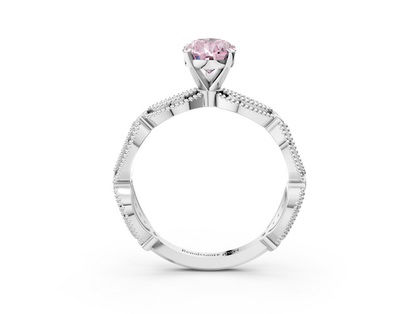 Platinum Fancy Pink Pear  Solitaire Milgrain Diamond Engagement Ring with Bezel and Marquise Band