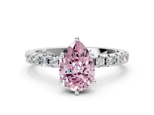 Platinum Fancy Pink Pear Cut Diamond Solitaire Pavé Band with Four-Prong Setting