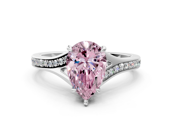 Platinum Fancy Pink Pear Cut Diamond Solitaire Ring with Pavé Band and Prong Setting