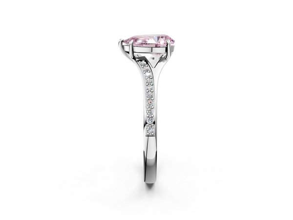 Platinum Fancy Pink Pear Cut Diamond Solitaire Ring with Pavé Band and Prong Setting