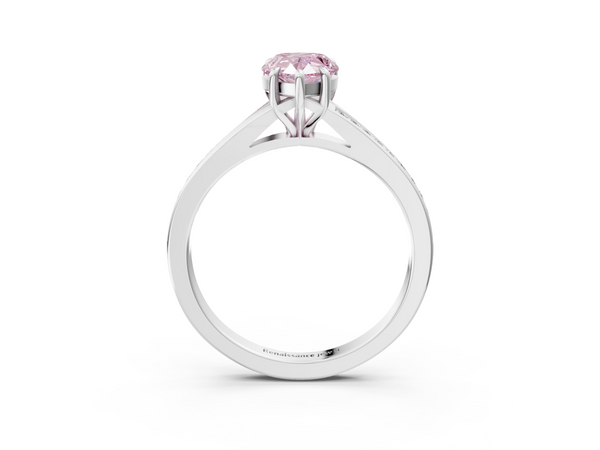 Platinum Fancy Pink Pear Cut Diamond Solitaire Ring with Pavé Band and Prong Setting