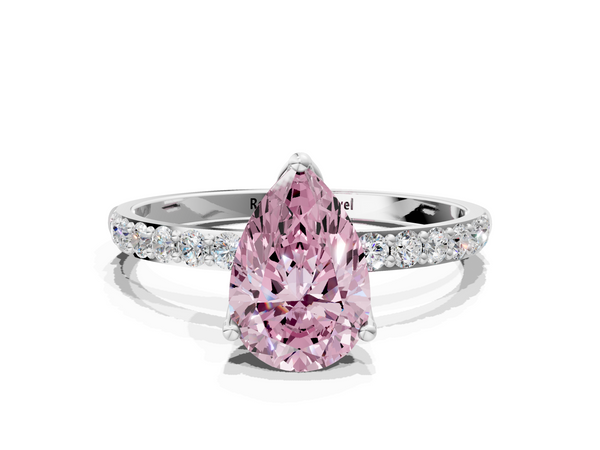 White Gold Pear-Shaped Solitaire Engagement Ring Setting for Fancy Pink Center with Fine Line Pave Band