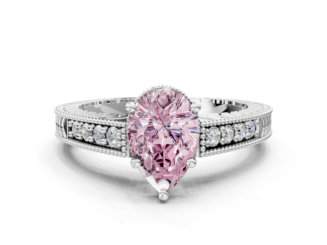 White gold Fancy Pink Pear  Solitaire Pavé Diamond Milgrain Engagement Ring with Four-Prong Setting_3