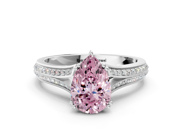 Platinum Fancy Pink Pear Cut Diamond Split Shank Engagement Ring with Pavé Band
