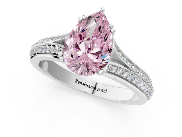 Platinum Fancy Pink Pear Cut Diamond Split Shank Engagement Ring with Pavé Band