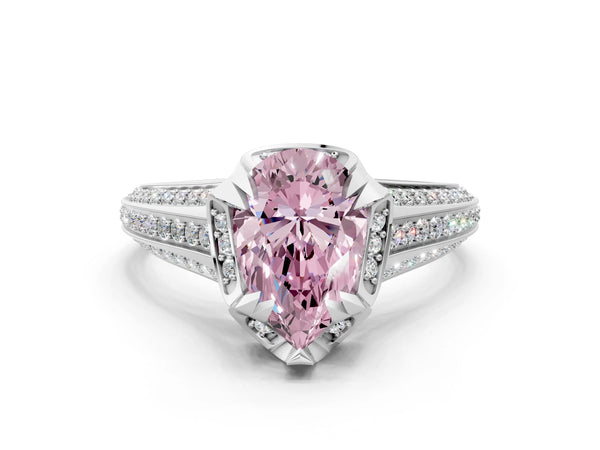 Platinum Fancy Pink Pear  Solitaire Pave Split Shank Ring with Four-Prong Setting