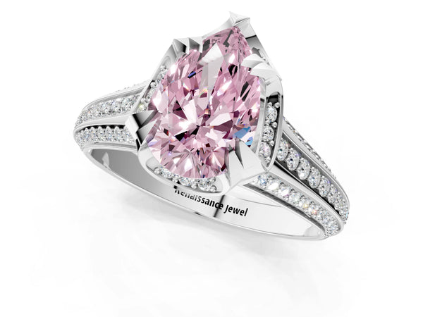 Platinum Fancy Pink Pear  Solitaire Pave Split Shank Ring with Four-Prong Setting