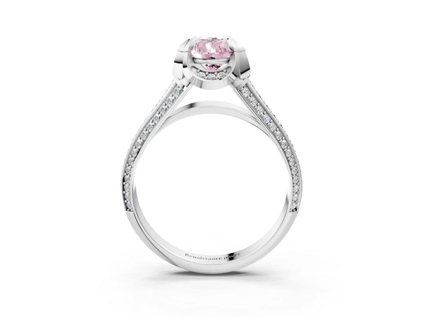 Platinum Fancy Pink Pear  Solitaire Pave Split Shank Ring with Four-Prong Setting