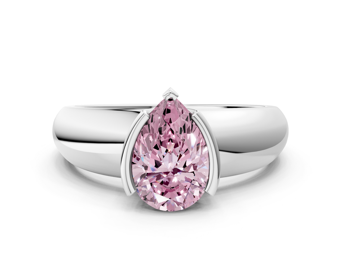 White gold Fancy Pink Pear  Solitaire Tension Set Diamond Ring with Wide Band_36