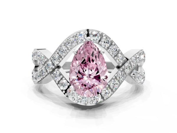 White gold Fancy Pink Pear  Solitaire Twist Band Pavé Diamond Engagement Ring
