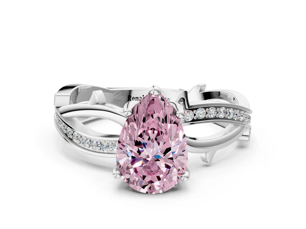 Platinum Fancy Pink Pear  Solitaire Twist Band with Pavé Accents and Four-Prong Setting